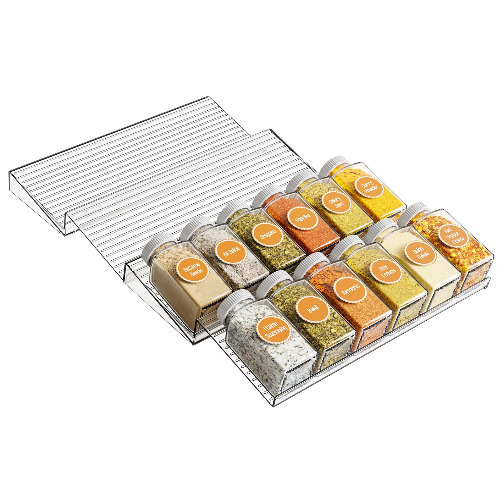 4-Tier Clear Acrylic Spice Drawer Organizer 4-Pack Expandable (11"-22") Rack for Seasoning Bottles Stackable Drawer Insert with Adjustable D