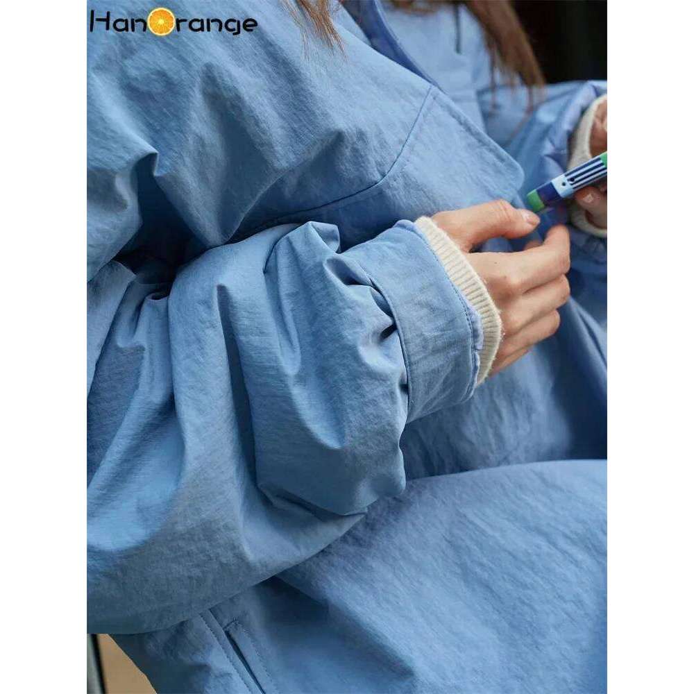 HanOrange 2024 Winter Street Lazy Parkas Women Loose Warm Casual Cotton-padded Shirt Female Vintage Blue/Dark Gray