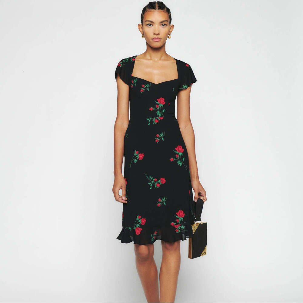 Goth Dresses for Woman Elegant for A Wedding 485 Summer New 2025 Printed Over-the-knee Square Neck Mid-length Slim Dress French Style Womens Fashion