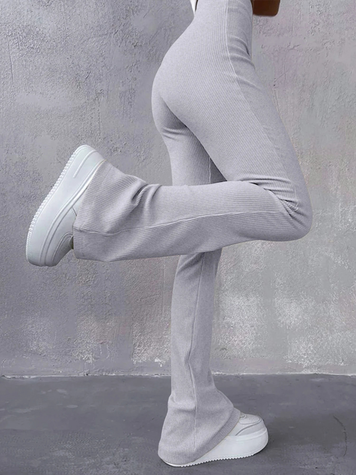 Womens Sexy Slim Pants Ribbed Solid Color Pants High Waisted Flared Pants Showing Longer Legs All-match Sports Long Pants 250616