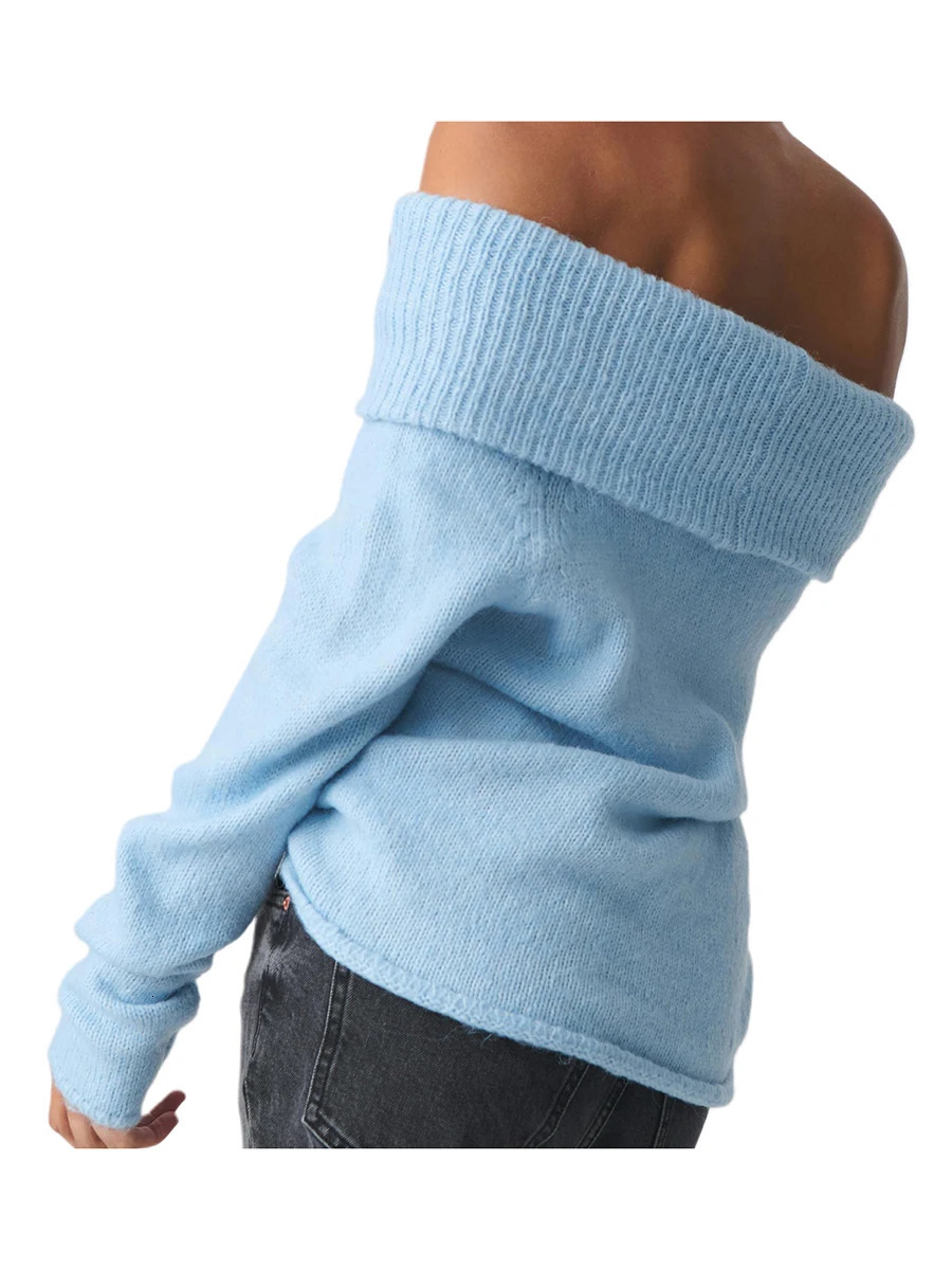 Womens Off Shoulder Crop Sweater Solid Color Boat Neck Long Sleeve Loose Knitwear Pullover 250614
