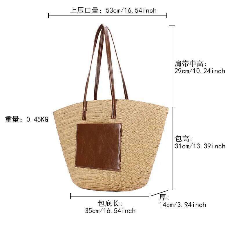 Meet You Large Capacity Zipper Leather Splice Straw Designer Summer Women's Travel Vacation Beach Bag Bohemian Bali