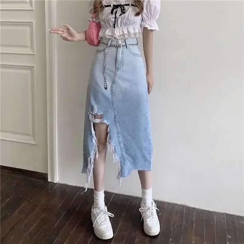 Woman Denim Skirt Wrap Midi Tight Vintage Chic and Elegant Stylish Korean Fashion Summer 2025 Modest Y2k Jeans Skirts for Women
