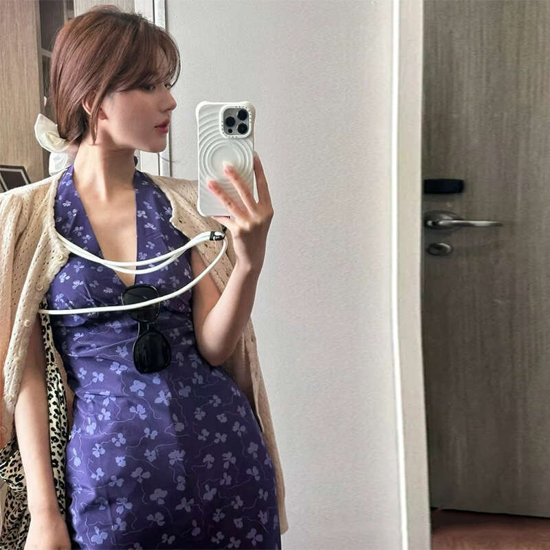 Women Dress Dresses for Woman Vestidos 841 Zhao Lusi Same Style Summer New 2025 Purple Print Deep V-neck Backless Slim Fit Silk Dress