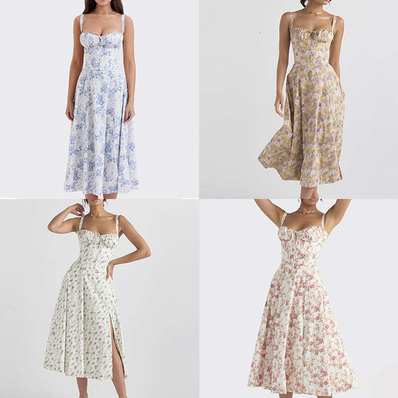 Women's French Style Elegant Floral Split Fashion Vacation Strap Dress B5