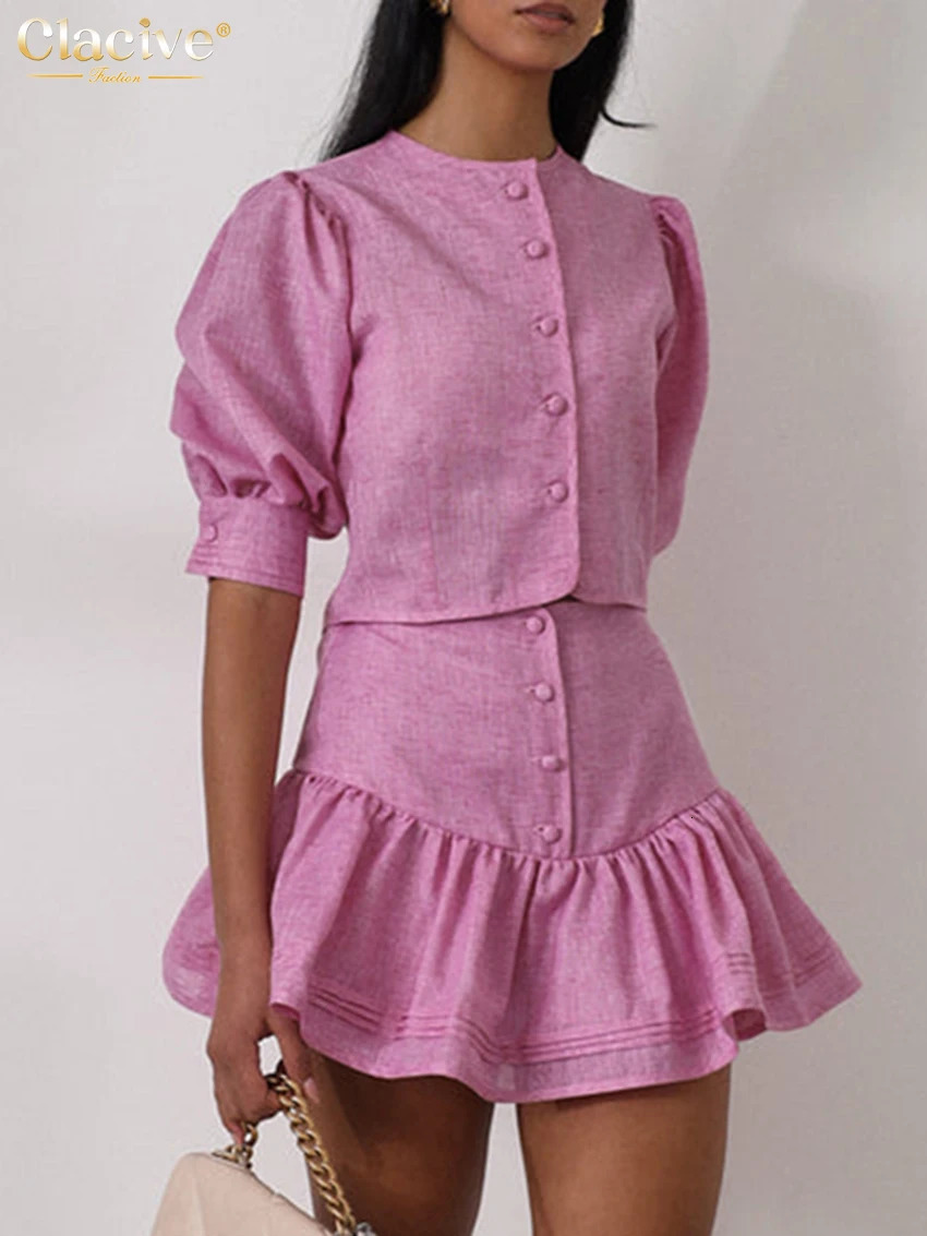 Clacive Fashion Slim Pink Cotton Woman 2 Piece Set Outfit Summer Short Sleeve Crop Top With High Waist Mini Skirt Set Female 250616