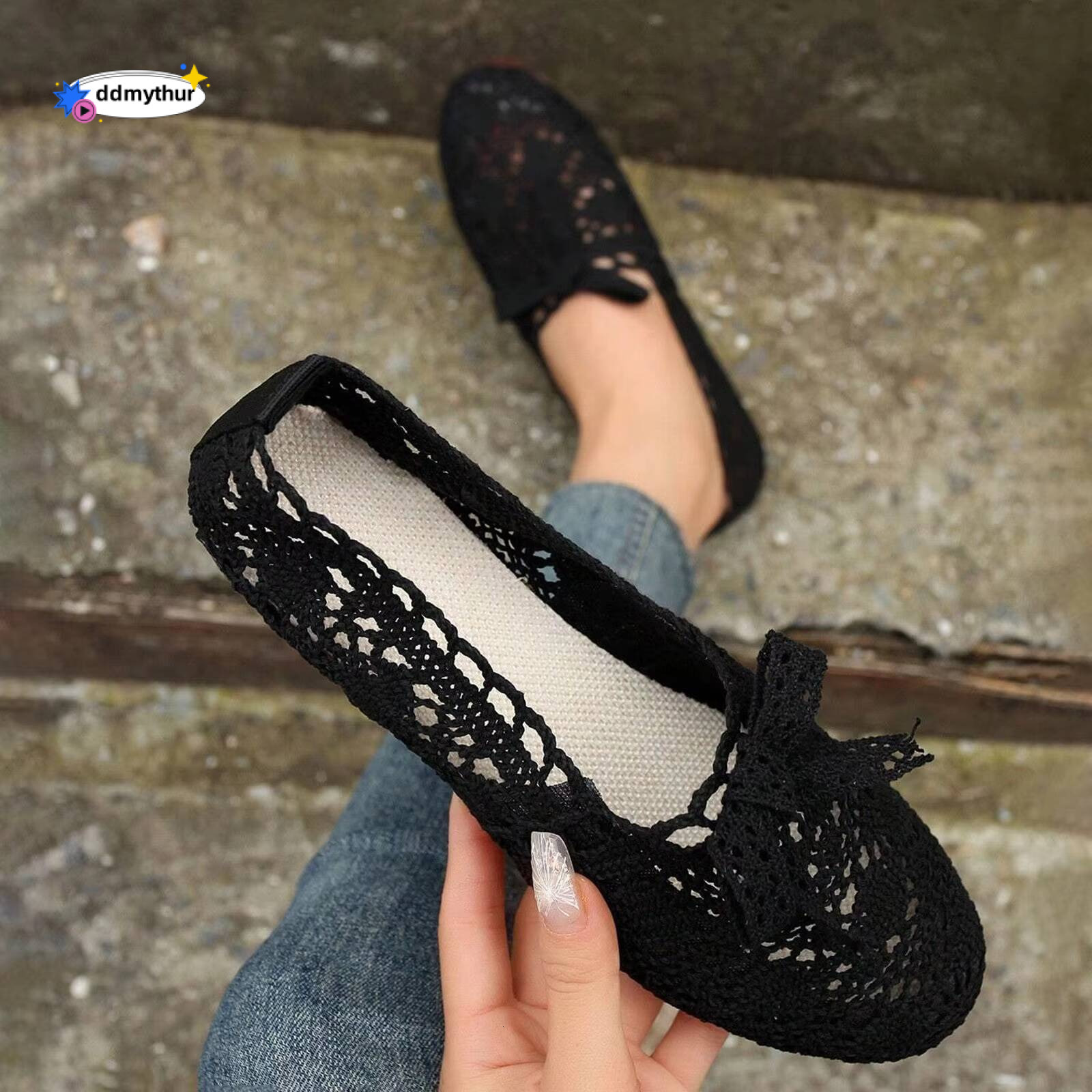 Women Casual Soft Sole Summer Flat Lace Bow Shoes Women's Hollow Out Air Mesh Loafers Womens Solid Color Sandals ddmythur