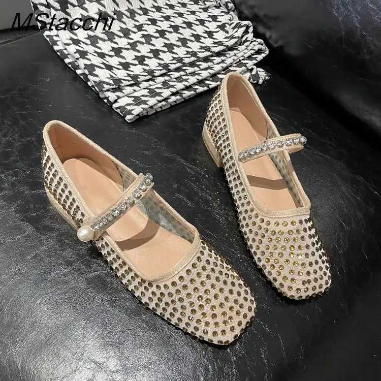 Mesh Crystal Pearl Flat Shoes Woman Square Toe Office Lady Shoes Big Size Mary Janes Shoes 2025 New Spring Single Shoes Z250617