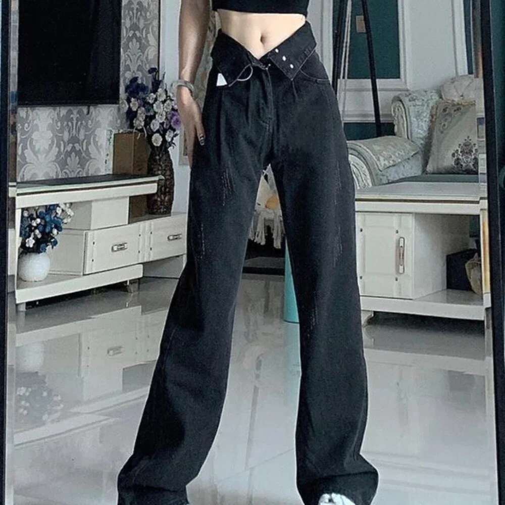 High Waist Shot Straight Leg Womens Jeans Trousers Black Pants for Woman on Sale Stretched Harajuku Fashion Stylish Medium Wash