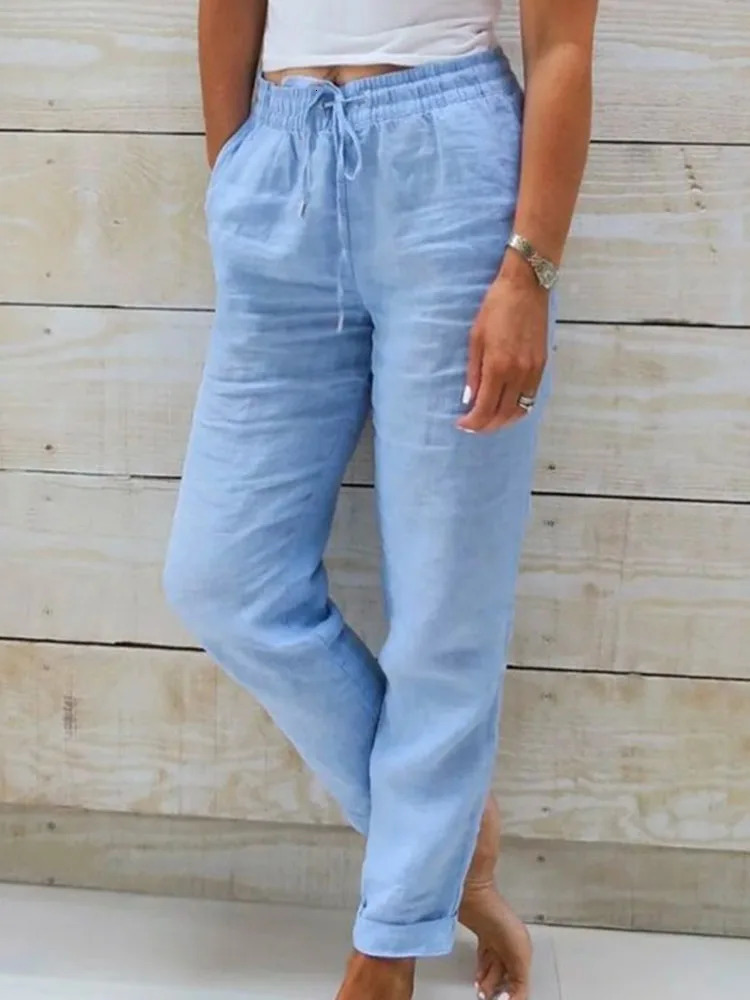 2025 Cotton Linen Summer Pants Women High Waist Elastic Casual Trousers Fashion Streetwear Breathable Female Loose Pencil Pants 250616