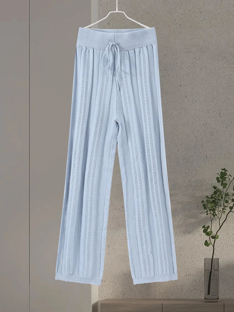 Casual Knit Pants Suits Women Lapel Short Sleeves Hollow Out Single Breasted Outfits Female 2025 Summer Elastic Waist Sets Lady 250616