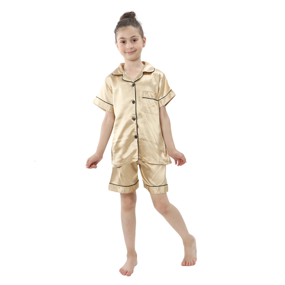 Summer Short Sleeve Satin Pajamas Silk Fabric Girls Sleepwear Boys Nightwear Solid Childrens Pajama Sets Pyjamas Boy Baby Wear 250617