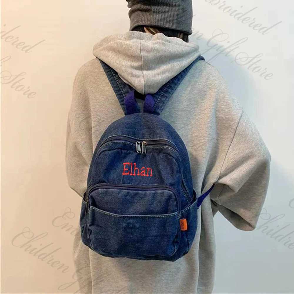 Free Shipping Embroidered Name Womens Denim Backpack Personalized College Student Bag Book Bag Customized Denim Canvas Backpack Z250617
