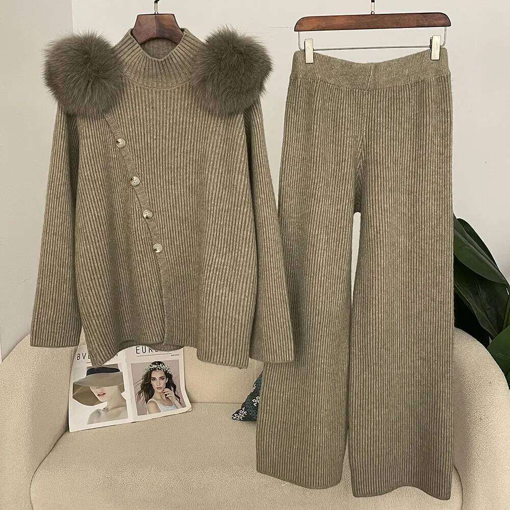 OFTBUY Trousers Knit Suit Women 2025 New Spring High Collar Knitted Cardigan Female Real Fox Fur Sweater Lady Knitting Clothing
