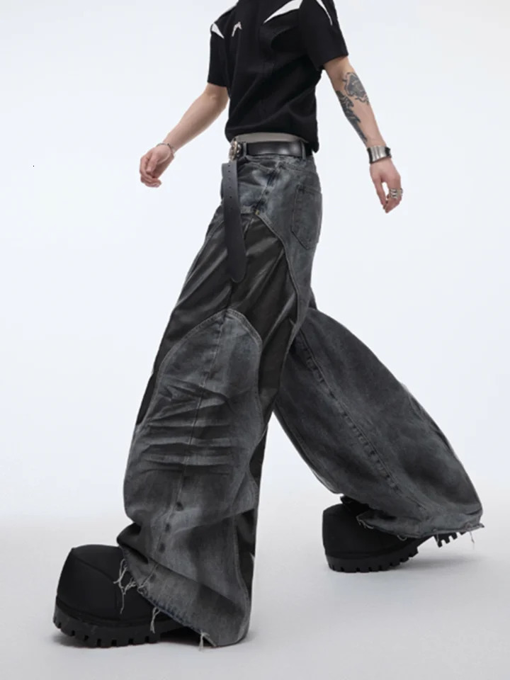 2025 Cyber Y2K Streetwear Black Pu Leather Patchwork Baggy Flare Jeans Pants Men Clothing Washed Black Wide Leg Denim Trousers 250616