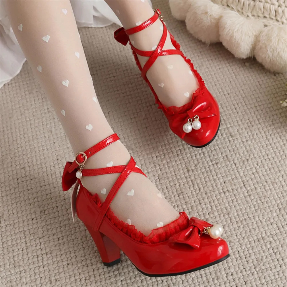 Spring Women High Heels Cross Strap Mary Jane Pumps Party Wedding Cosplay White Red Black String Bead Bow Princess Lolita Shoes 250613