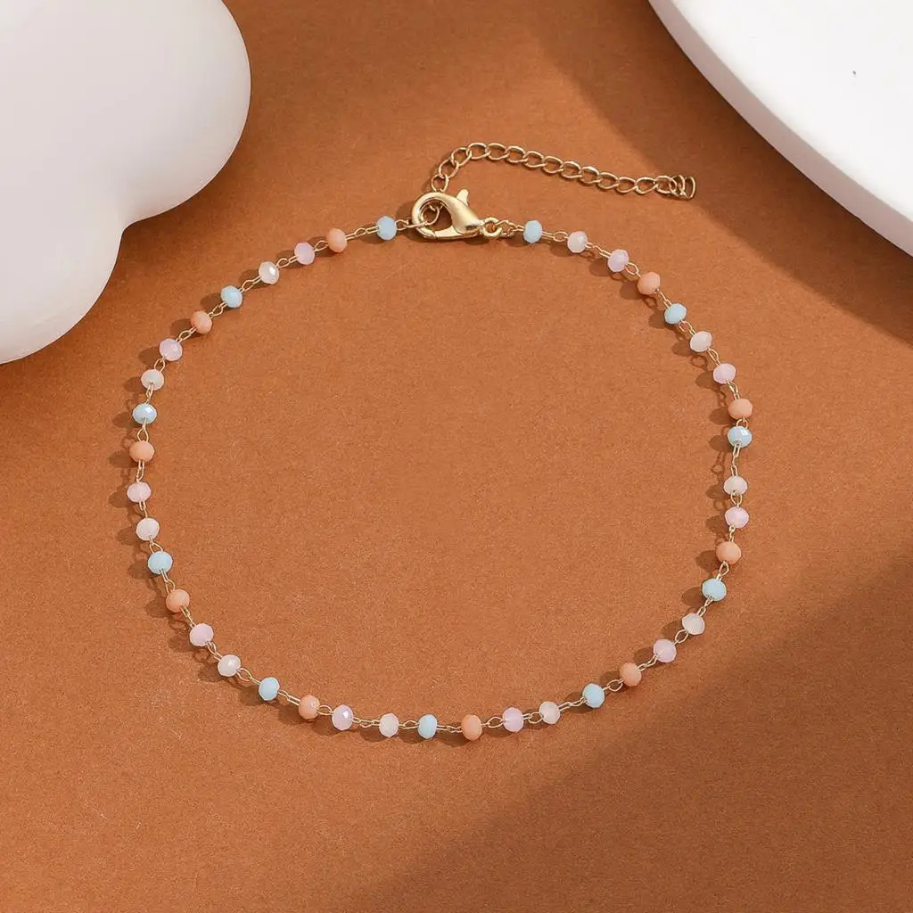 QIAMNI Summer Beach Jewelry Colorful Crystal Anklet Multicolor Stone Beads Foot Bracelets Feet Accessories Bohomia Ankle Chain 250606