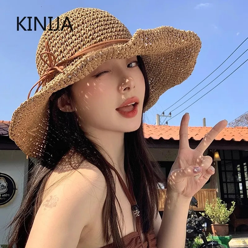 Holiday Sle Beach Fisherman Hat Seaside Sun Protection Sun Hat Large Brim Bow Woven Straw Hat Women Panama Chapeau Korean 250616
