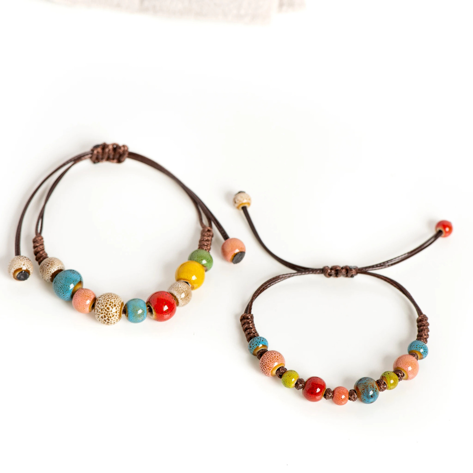 Bohemian Ceramic Bead Bracelet with Adjustable Cord 15-25cm for All Wrist Sizes 250616