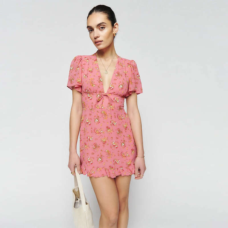 Summer Dresses for Women Dress Devise Womandress N684#summer 2025 Floral Deep V-neck Flare Sleeve Short Dress Sexy French Style Womens Fashion