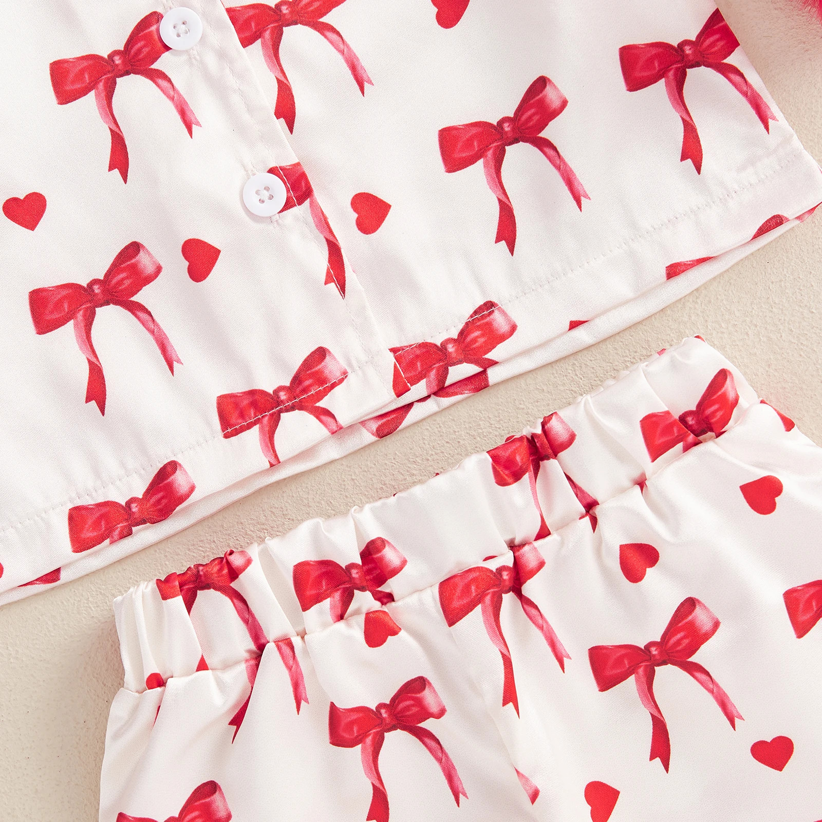 MISOWMNJOY Cute Satin Slik Toddler Baby Girl Sleepwear Children Pajamas Sets Bow Print Plush Laple Long Sleeve Tops Pants Suit 250617