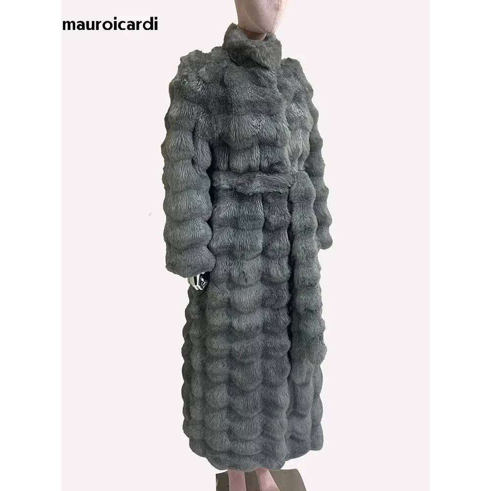 Mauroicardi Winter Extra Long Thick Warm Striped Soft Fluffy Faux Chinchilla Fur Coat Women Elegant Chic Furry Overcoat