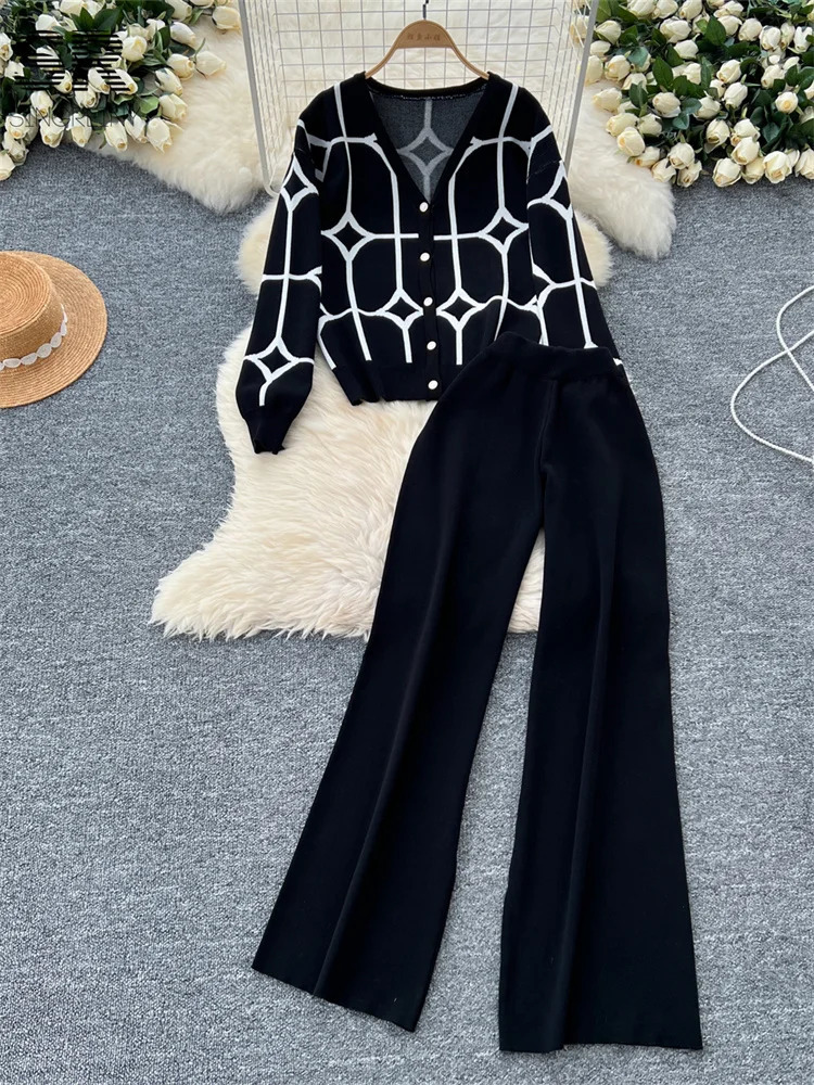 SINGREINY Basics Print Knit Two Pieces Sets Autumn Winter Single Breasted CardiganWide Leg Long Pants Fashion Streetwear Suits 250616