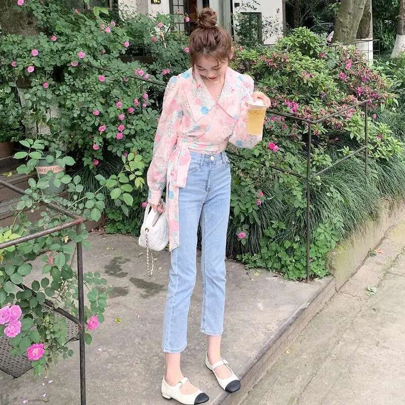 Clothing Floral Womens Shirts and Blouses Full Sleeves Top for Woman Kawaii with Bow Chiffon Cute Luxury Designer Pretty Tall M