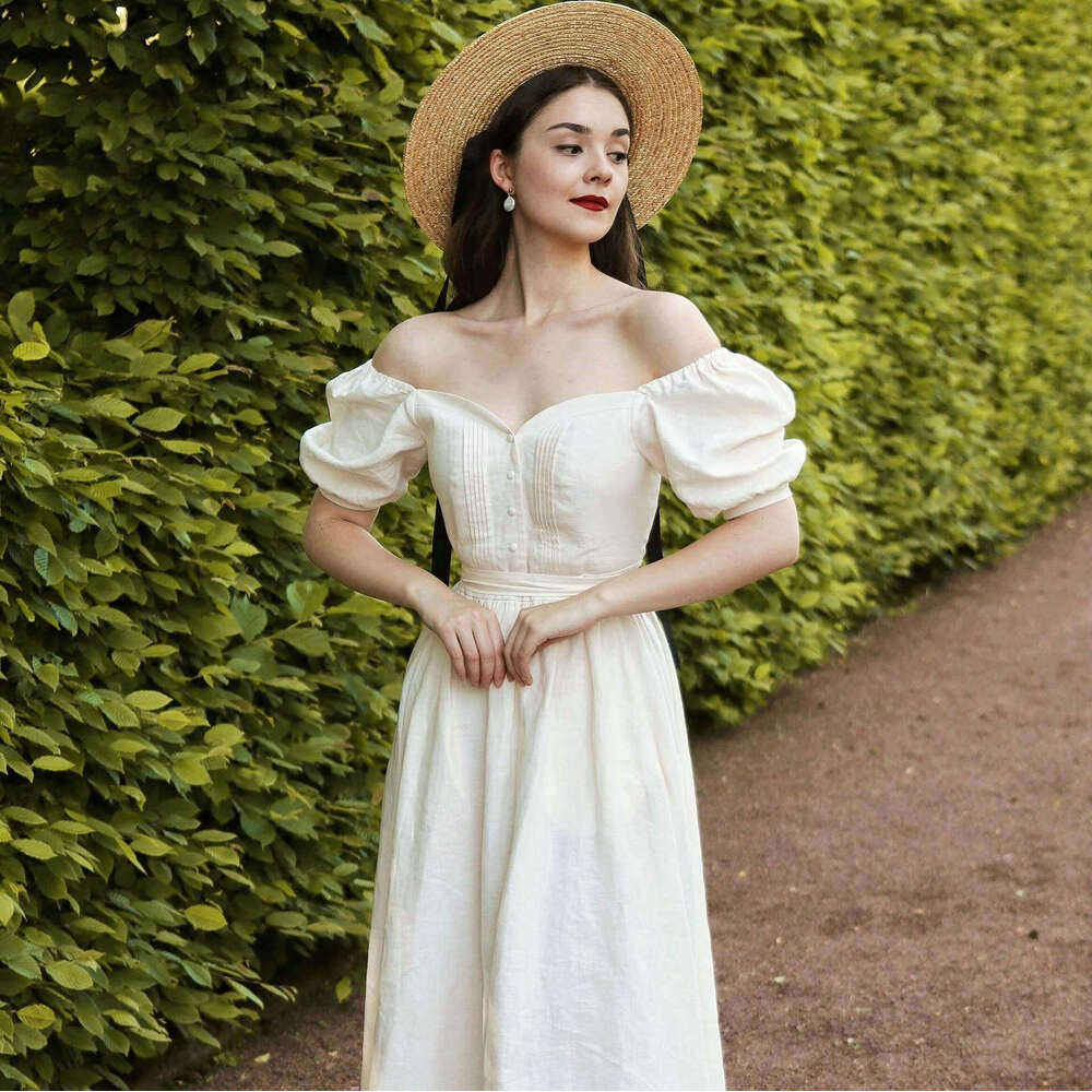 Dresses Buttock Vestido Womens Dresses Dress N588 Summer 2025 Solid Color Linen Off-shoulder Short Sleeve Dress Mid-length Waist-cinching French Style