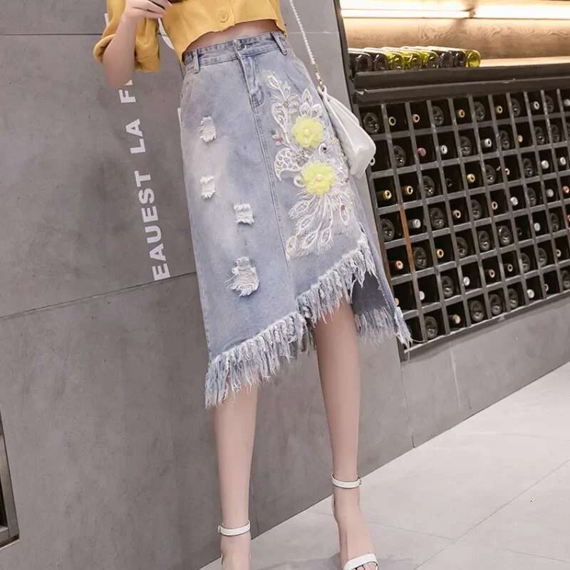 Female Jeans Skirts Fringe Midi High Quality Korean Style Streetwear New In Clothing Sales Vintage Casual Womens Denim Skirt