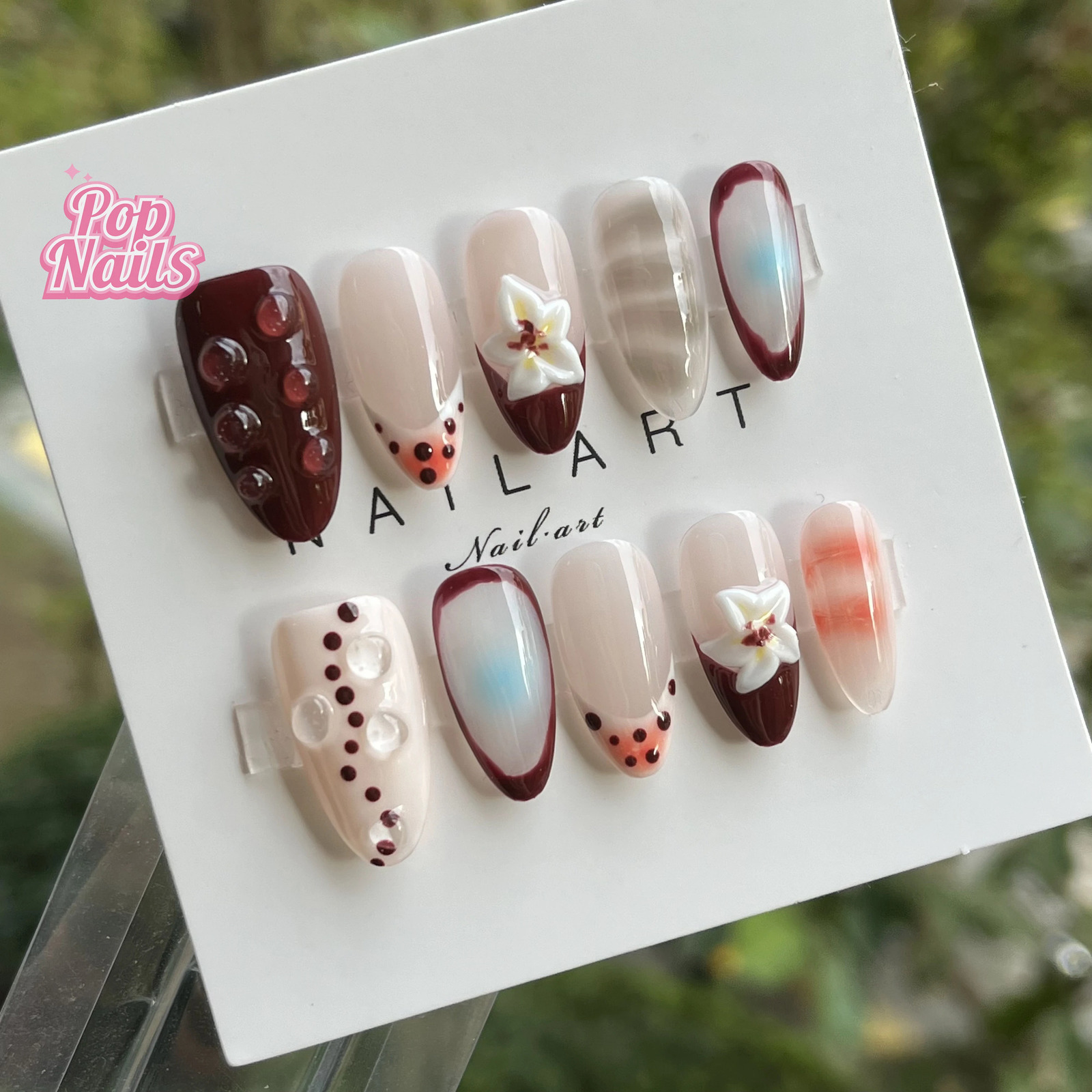Fall Press on Nails Hand Made Brown 3D Flowers Raindrop Autumn Goth Hand Paint Flower Reusable Short Medium Almond Handmade Nail 250612