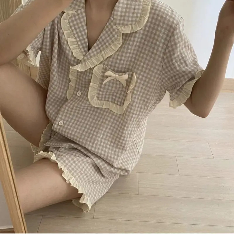 Korean Pajama for Women Summer Loungewear Sleepwear Sets Girls Sweet Plaid Lapel Pyjama Kawaii Ruffle Pijama Japanese Home Suit 250616