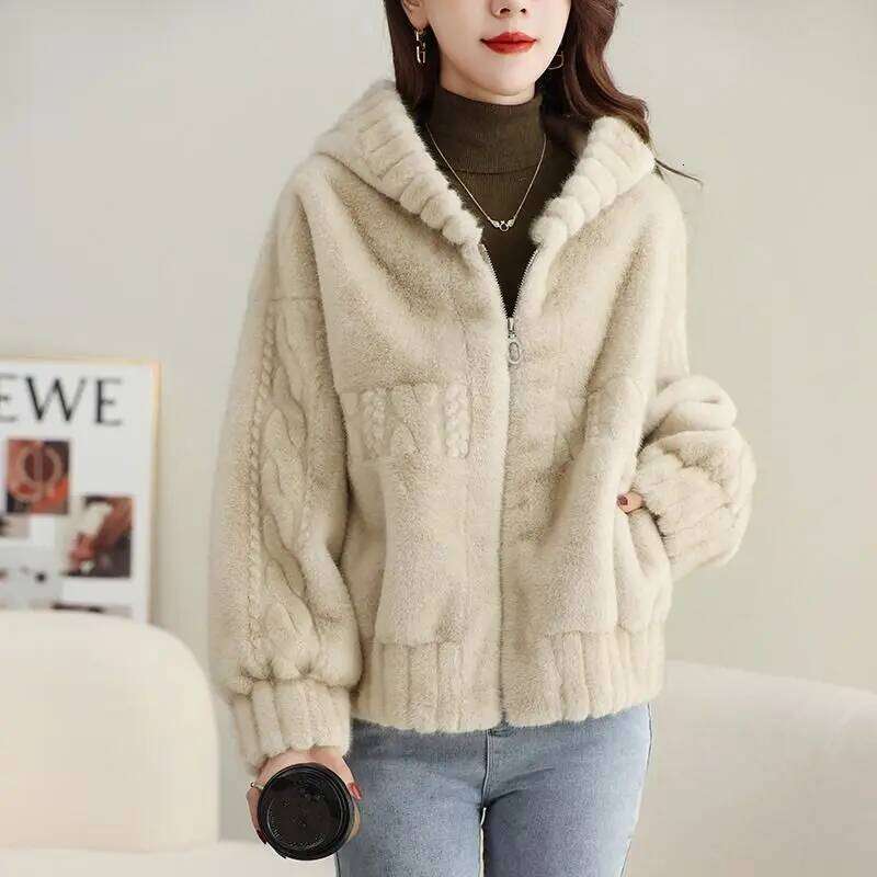 Short Mink-like Hair Fur Hooded Top Little Fellow Fashionable Fleece Coat Female Spring and Autumn Warm Winter New