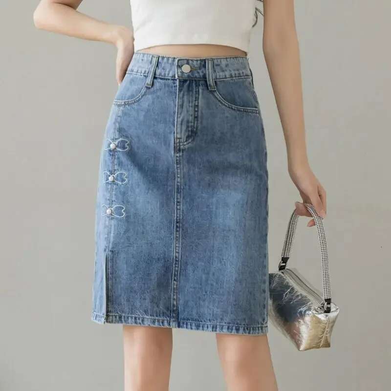 Kawaii with Pocket Cute Slit Womens Denim Skirt Midi Female Jeans Skirts Chubby Chic and Elegant A Line Clothing Sales V Modest