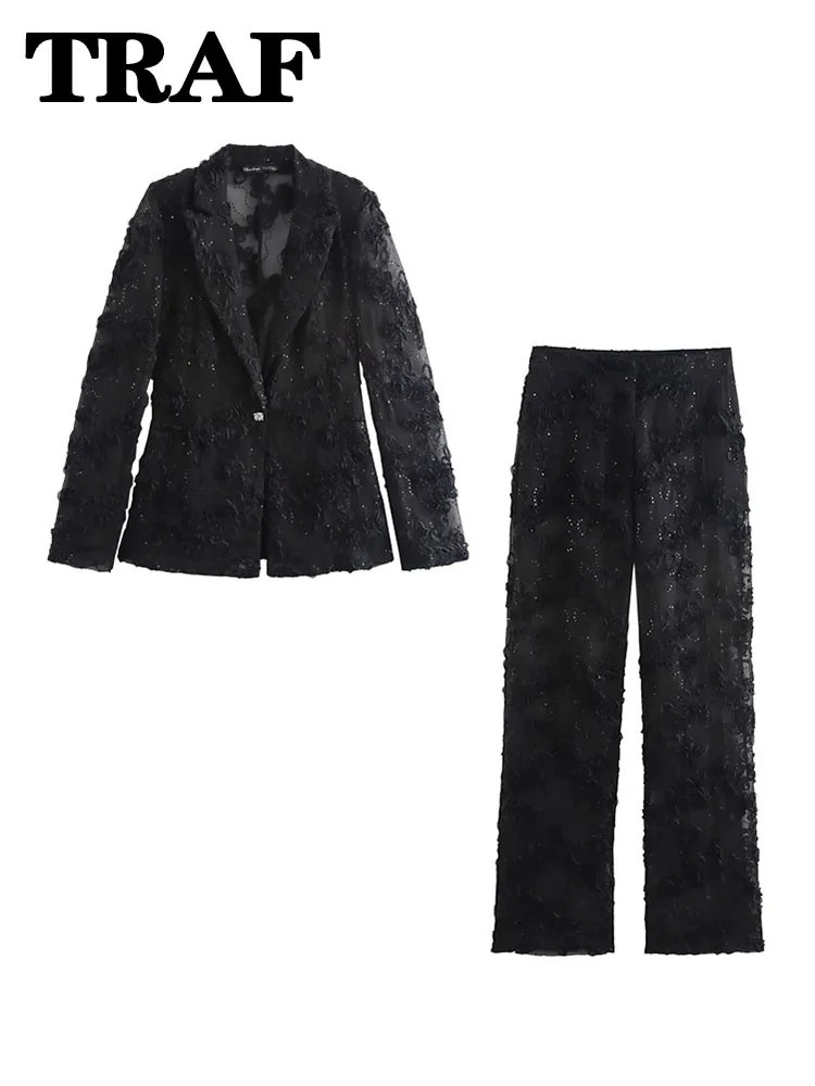 TRAF Elegant Women Sets Solid Color Sequin Decorative Semi Transparent Pants Set Flower Texture Blazer Top For 2 Piece 250612