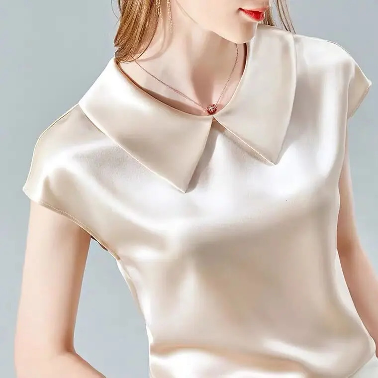 camisas de mujer elegant Ice silk Shirt plus size artificial silk tops Acetate satin Blouse Doll Collar White Girlish blouse 250614