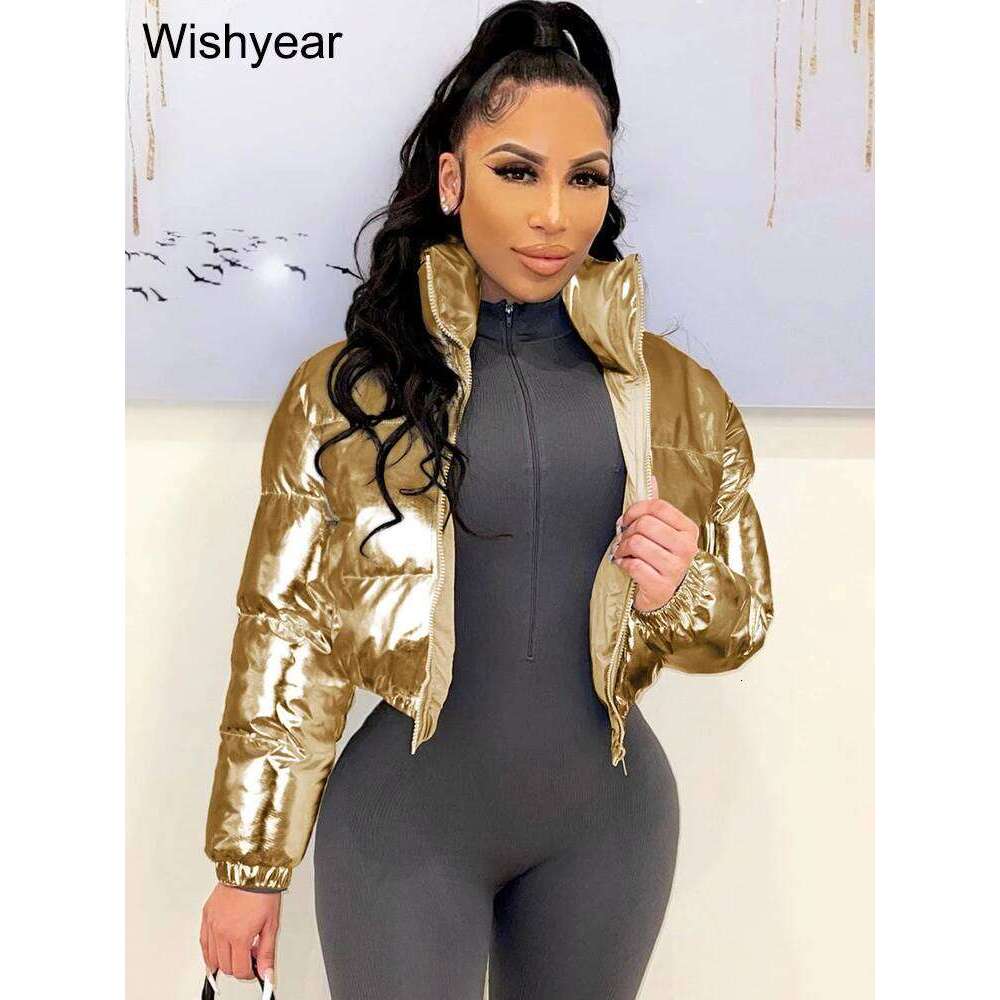 Metallic Siery Shiny Puffer Parka Cropped Jacket Women Long Sleeve Stand Collar Zip Up Winter Warm Coat Street Outerwear New