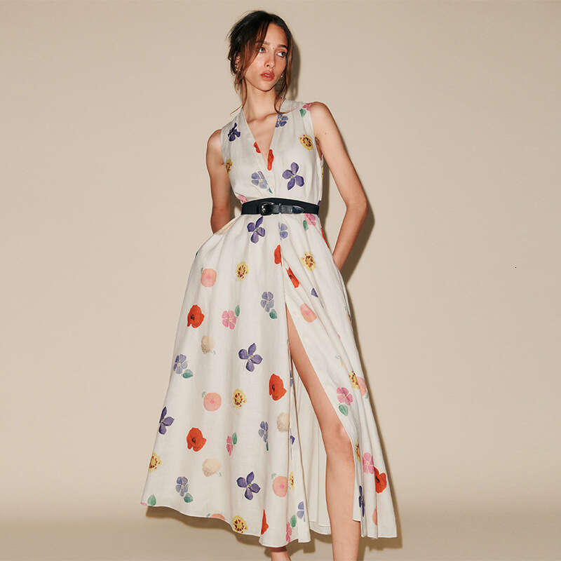 Dresses for Woman Whitedress Bodysuit 850 Without Belt Summer New 2025 Printed Linen Long V-neck Dress French Elegant
