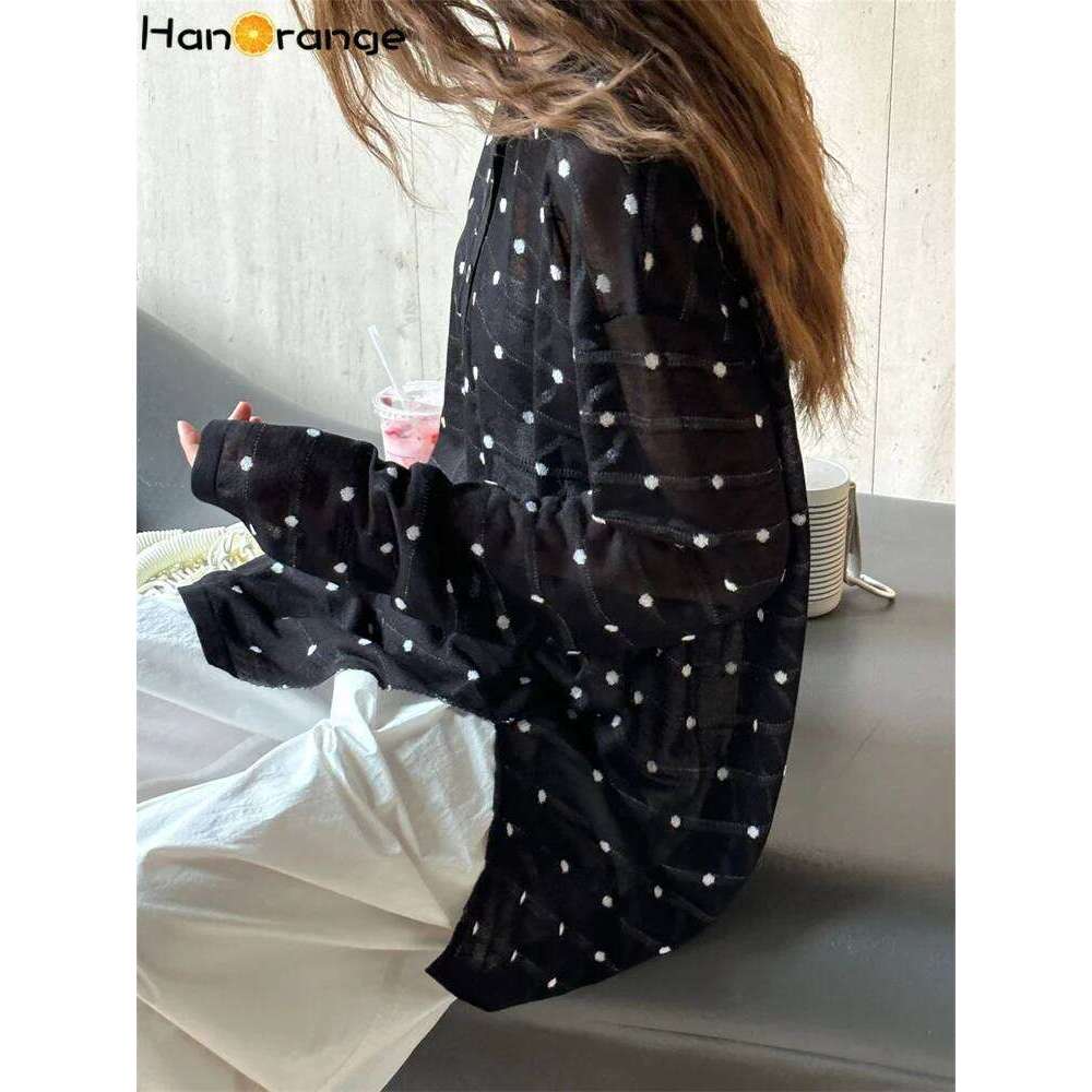 HanOrange 2024 Summer Retro Lazy Polka Dot Knitted Sweater Women Lightweight Breathable Loose Knitting Top Apricot/Black