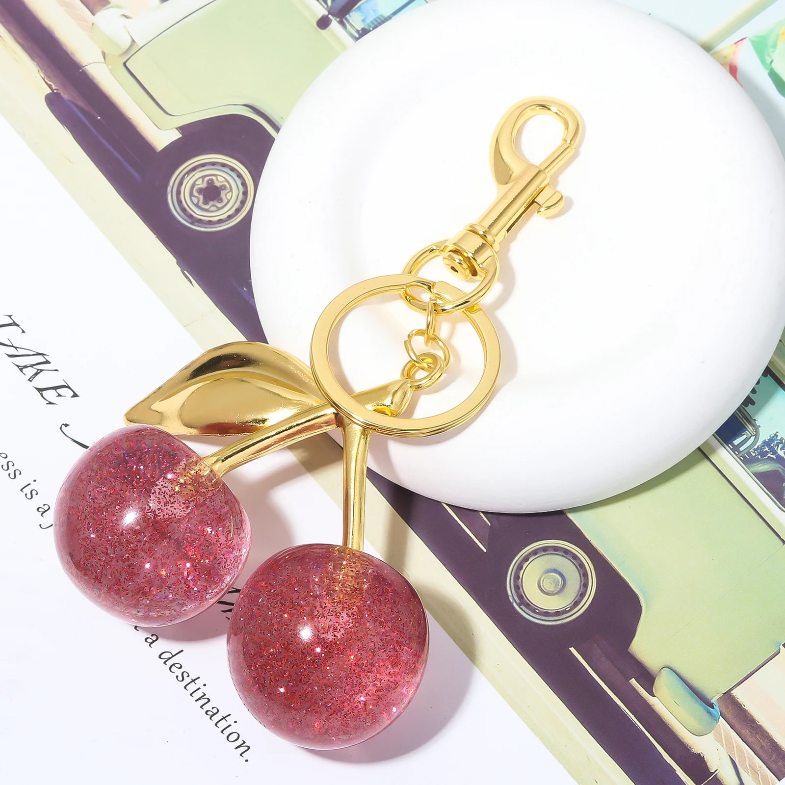 Delicious Exquisite Cherry Crystal Fruit Bag Charm Keychain Pink Keyring for Elegant Women Jewelry Accessories Gift 250606