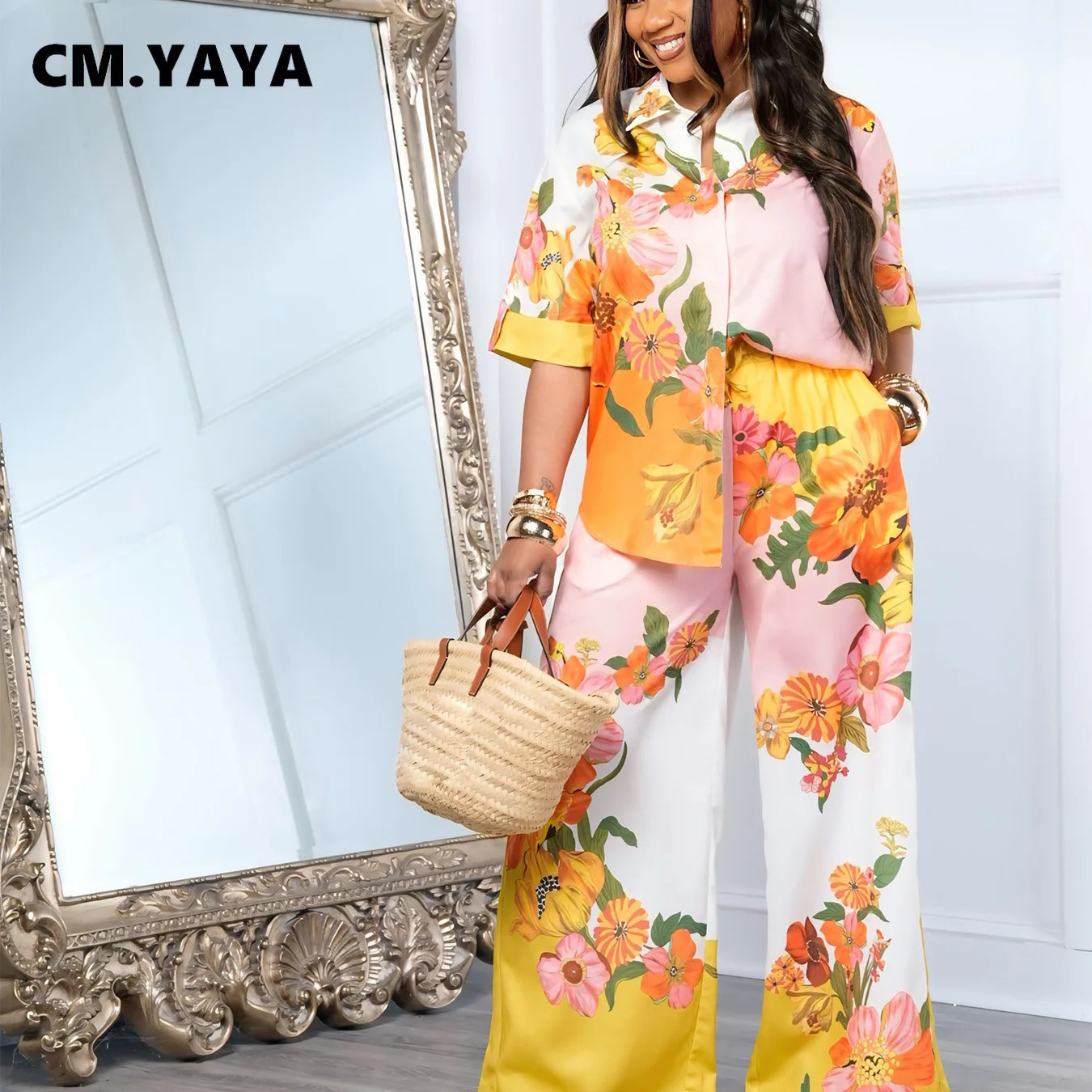 CM.YAYA Fashion Floral Printed Womens Set Half Sleeve Blouse Shirt and Wide Leg Pants 2025 Two 2 Piece Sets Outfits Tracksuit 250616