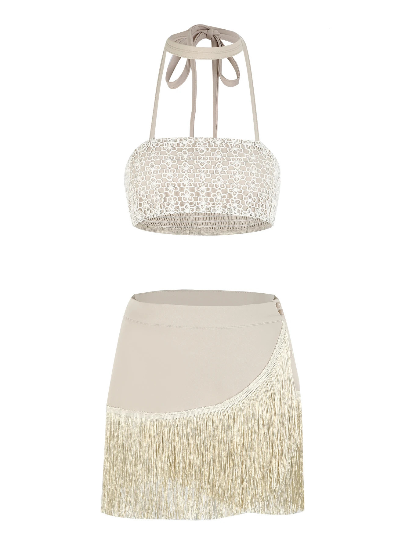 2025 Trend 2Pcs Fringe Set Skirt Sets Sexy Tassels Short Bandeau Top Elegant Tassel Skirt Chic Beach Outing Women Bandage Suit 250614
