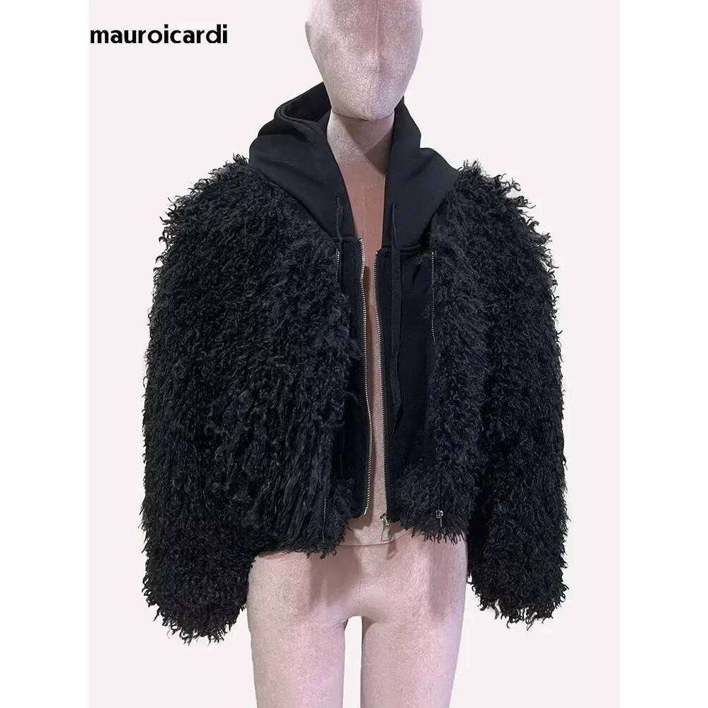 Mauroicardi Spring Winter Short Oversized Black Fuzzy Thick Warm Faux Fur Coat Women Fluffy Jacket Furry Hoodie Streetwear 2025