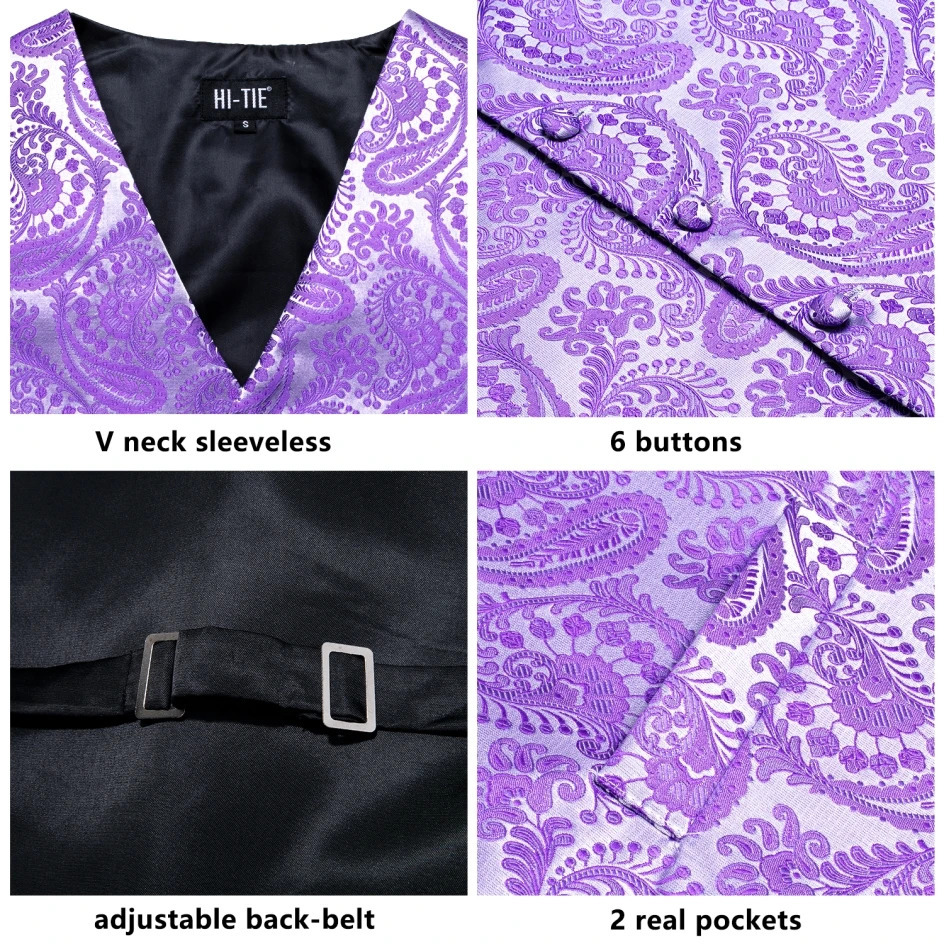 Lilac Lavender Purple Silk Mens Waistcoat Tie Set Sleeveless Jacket Suit Vest Necktie Hanky Cufflinks Wedding Business Oversized 250614