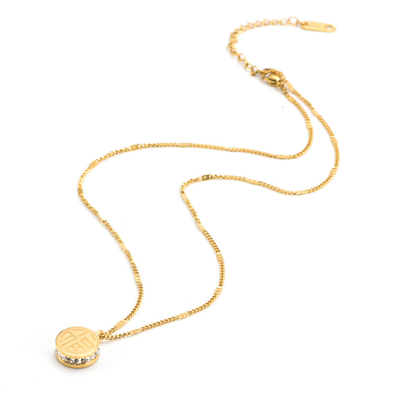 Minimalist Elegant Versatile Round Double-Sided Fu Character Inlaid Pendant for Women, Titanium Steel, Non-Fading Necklace