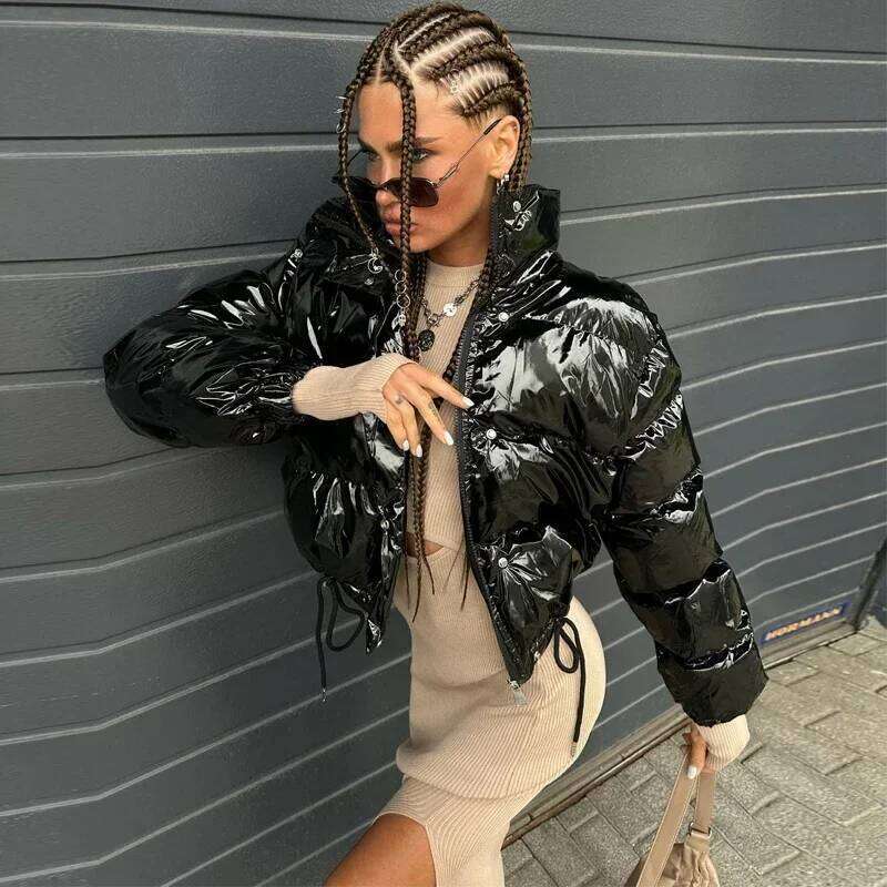 Winter Women Shiny Black PU Puffer Jacket Warm Thick Bubble Bright Metallic Sier Leather Parka Down Coats Street