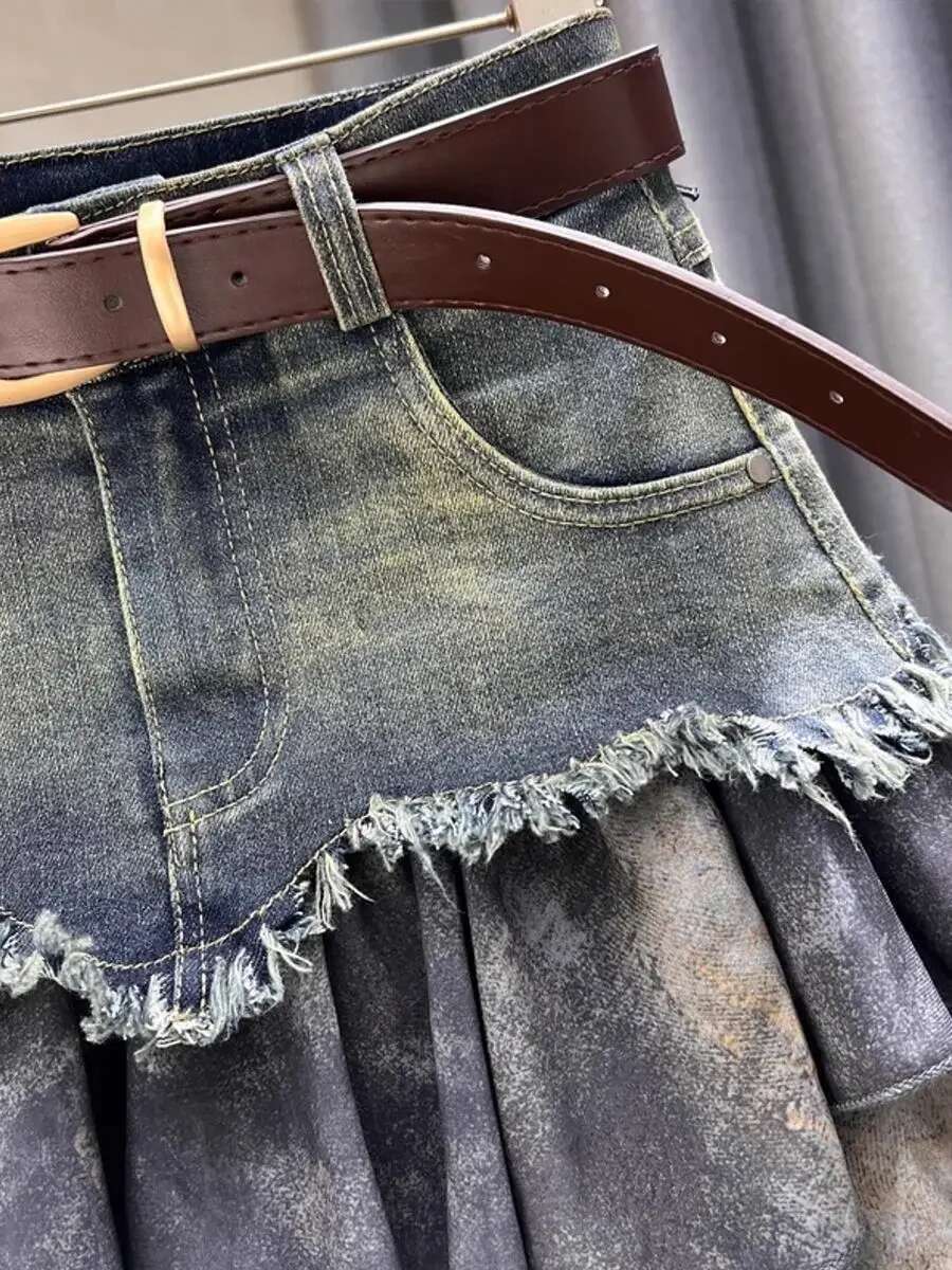 Woman Denim Skirt Patchwork High Waist Clothing Trend 2025 Modest Y2k Vintage Korean Style Stylish Casual Jeans Skirts for Women