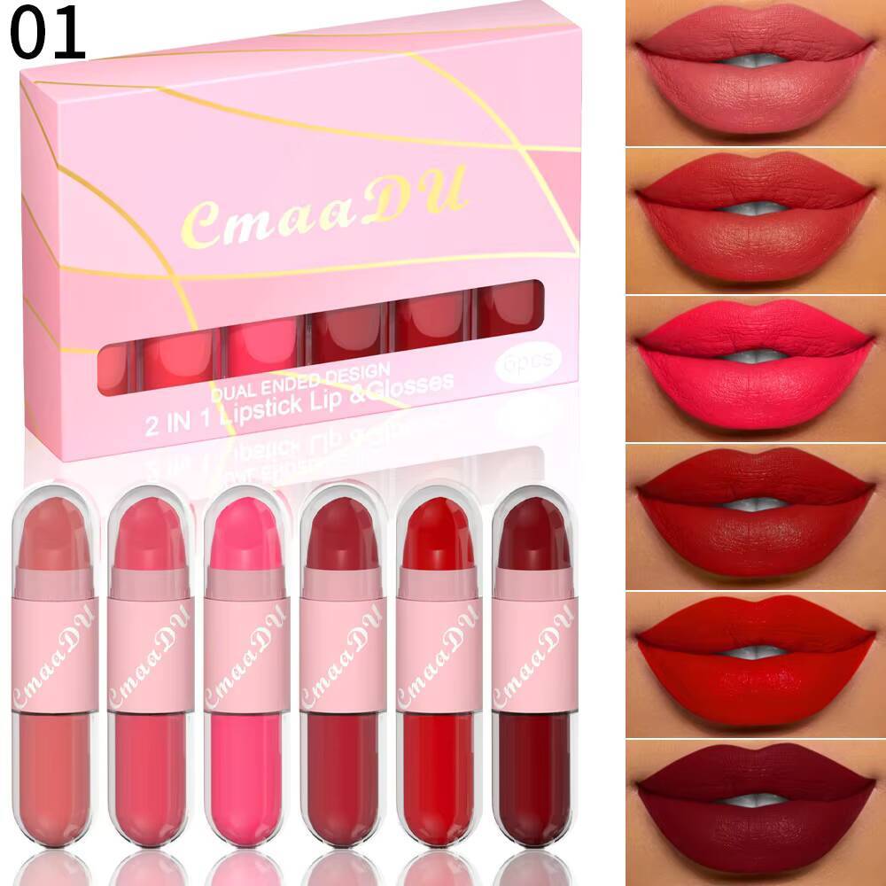 CmaaDu 2 IN 1 lipstick lip & glosses 6-piece matte Lipstick Face Color waterproof small size light weight easy to carry happy