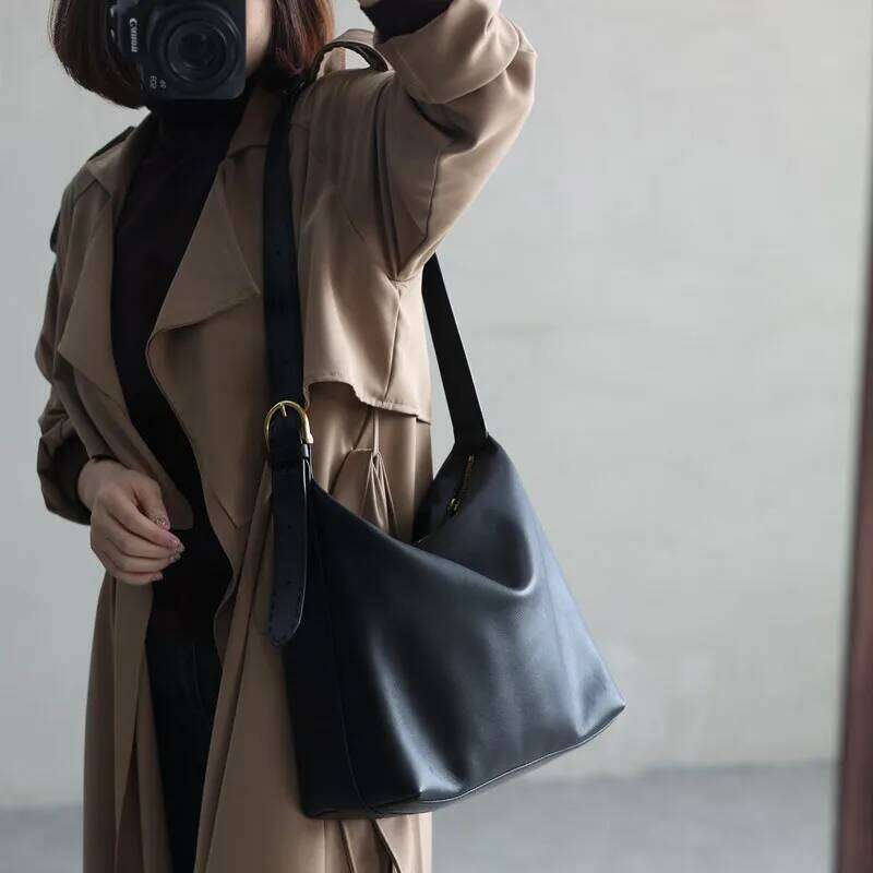 Large Size Black Genuine Leather Tote With Zipper Women Casual Soft Crossbody Shoulder Bag