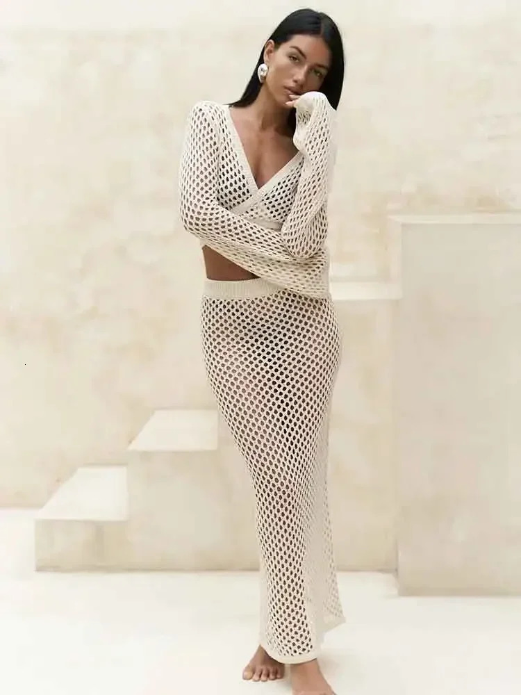 Sexy Knit Cut Out Two Piece Swimsuit Cover Up 2025 Summer Women Bell Sleeve Waist Tie Up Top Long Skirt Set Club Beach Dress K41 250616
